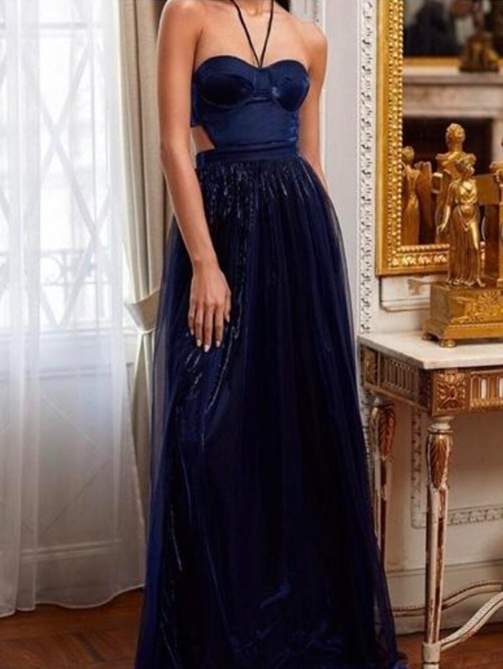 Alamour the Label Adele Navy Metallic Halter neck Formal Dress S Cutout Back